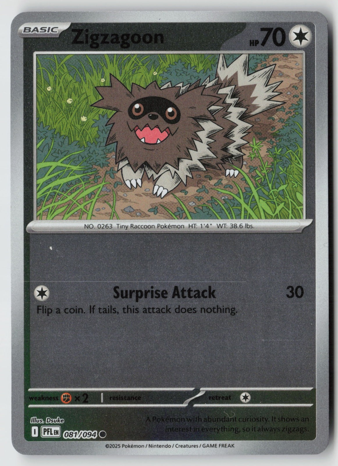 Zigzagoon 081/094 ME02: Phantasmal Flames Common Reverse Holo NM Dsuke