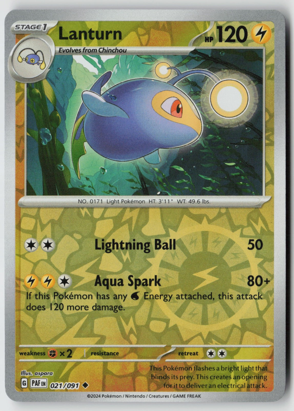 Lanturn 021/091 SV: Paldean Fates Uncommon Reverse Holo NM aspara