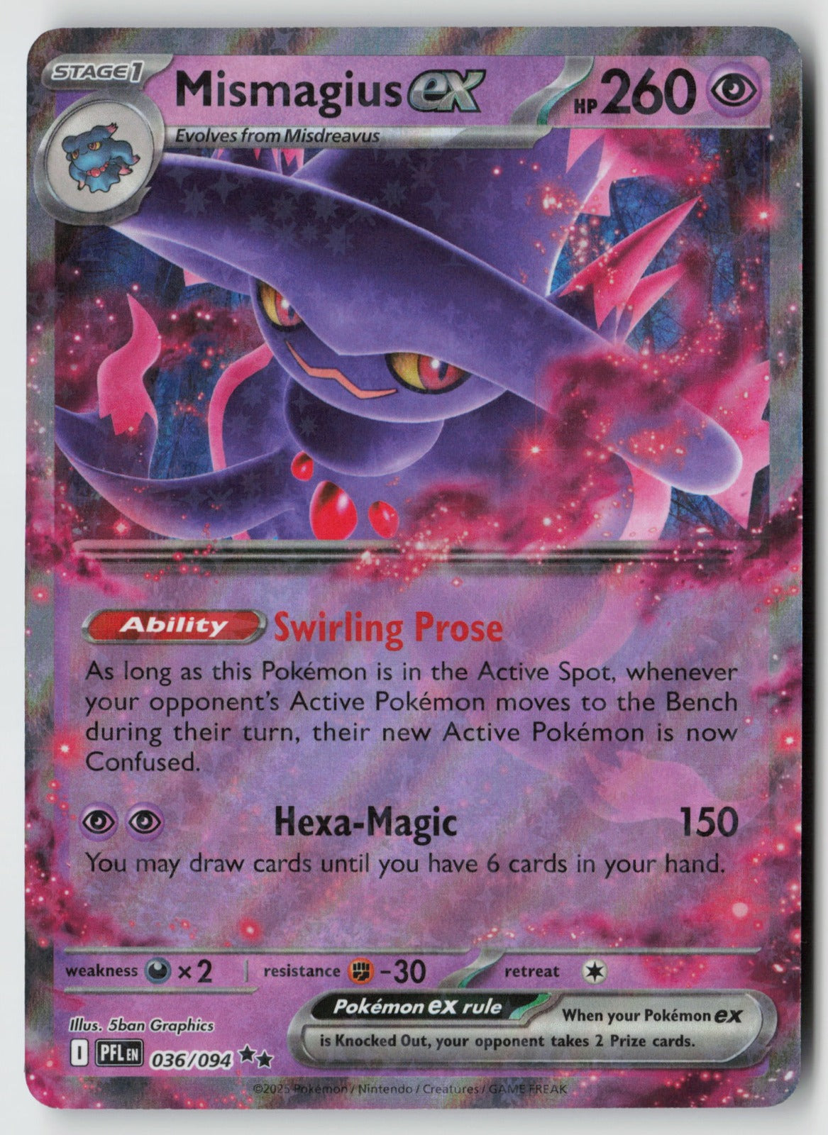 Mismagius ex 036/094 ME02: Phantasmal Flames Double Rare Holo NM 5ban Graphics