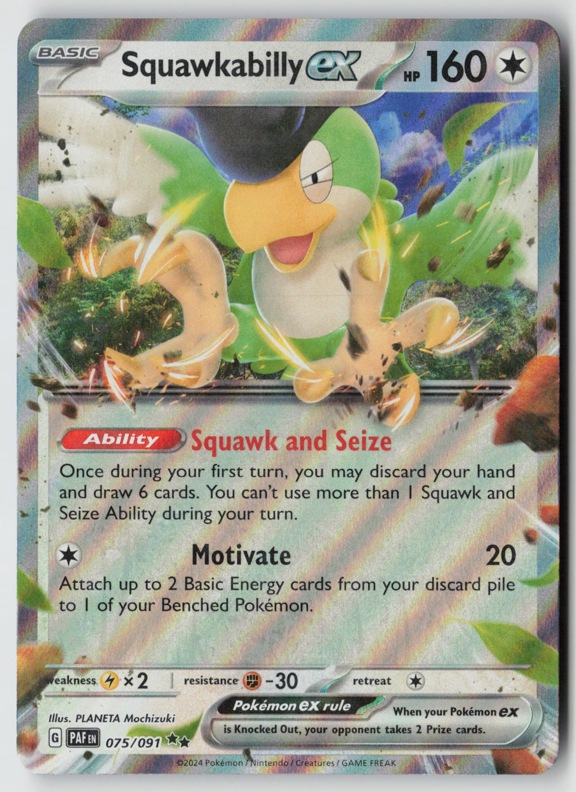 Squawkabilly ex 075/091 SV: Paldean Fates Double Rare Holo NM PLANETA Mochizuki