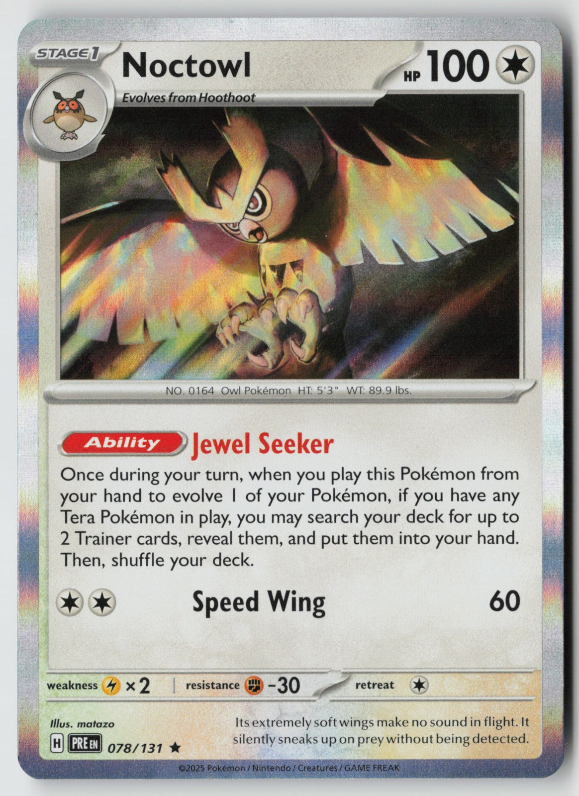 Noctowl 078/131 SV: Prismatic Evolutions Rare Holo NM matazo