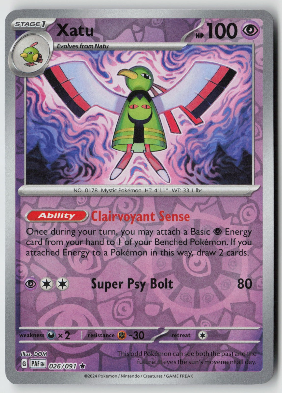 Xatu 026/091 SV: Paldean Fates Rare Reverse Holo NM DOM