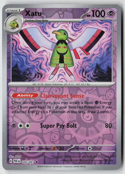 Xatu 026/091 SV: Paldean Fates Rare Reverse Holo NM DOM