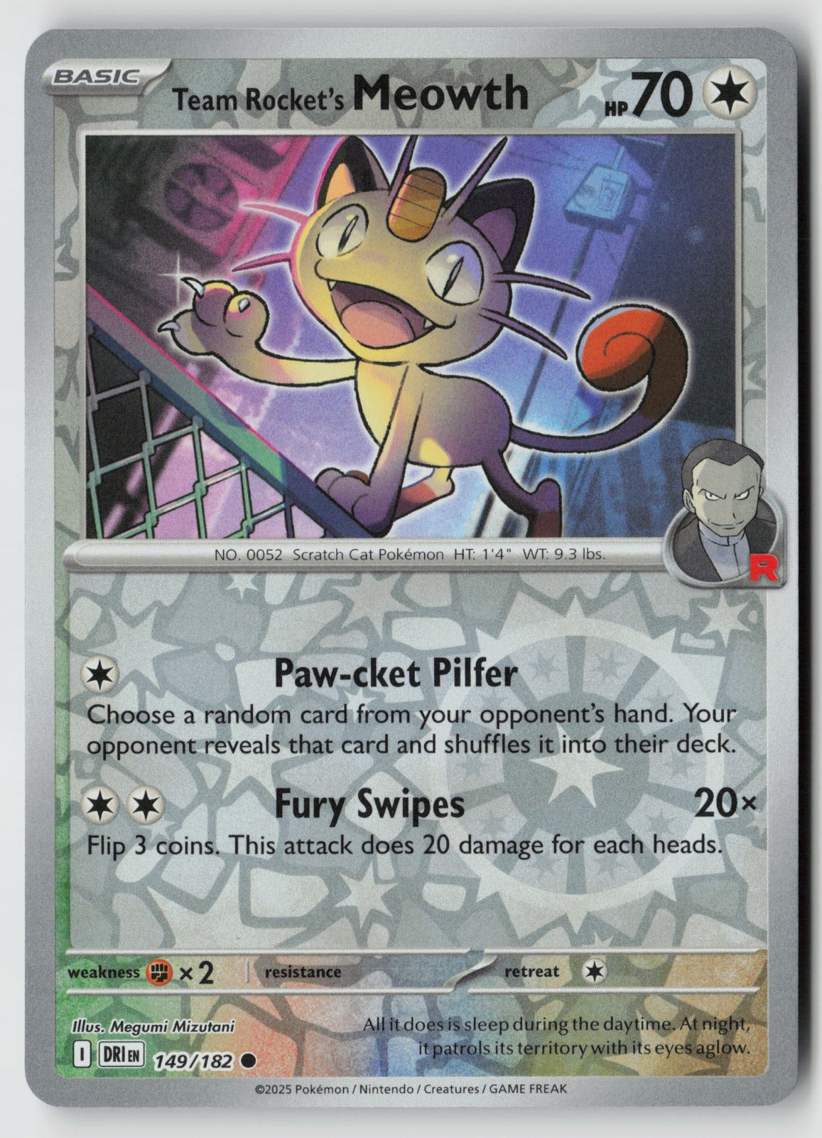 Team Rocket's Meowth 149/182 SV10: Destined Rivals Common Reverse Holo NM