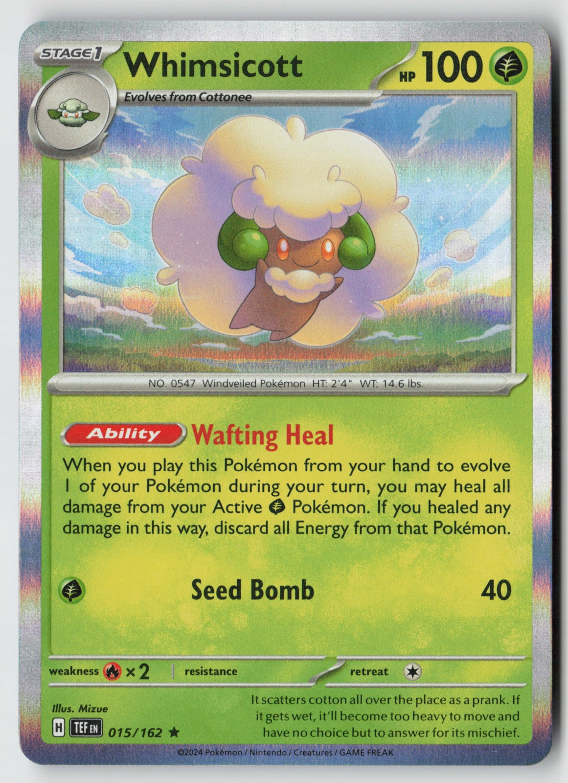 Whimsicott 015/162 SV05: Temporal Forces Rare Holo NM Mizue