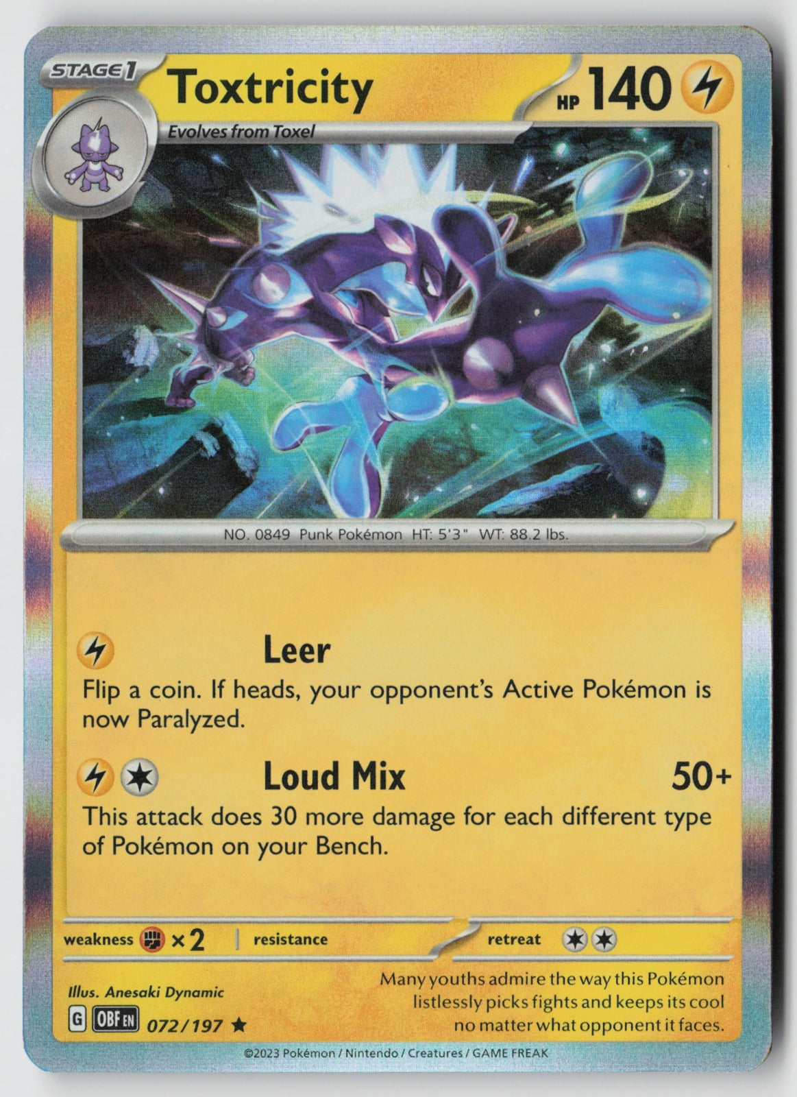 Toxtricity 072/197 SV03: Obsidian Flames Rare Holo NM Anesaki Dynamic