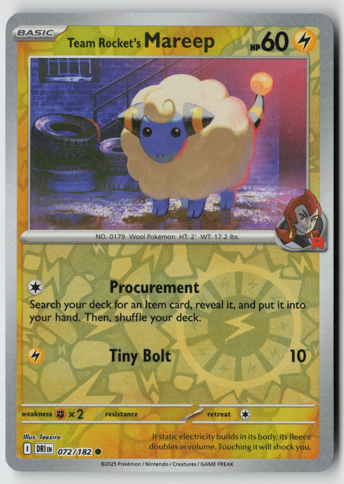 Team Rocket's Mareep 072/182 SV10: Destined Rivals Common Reverse Holo NM