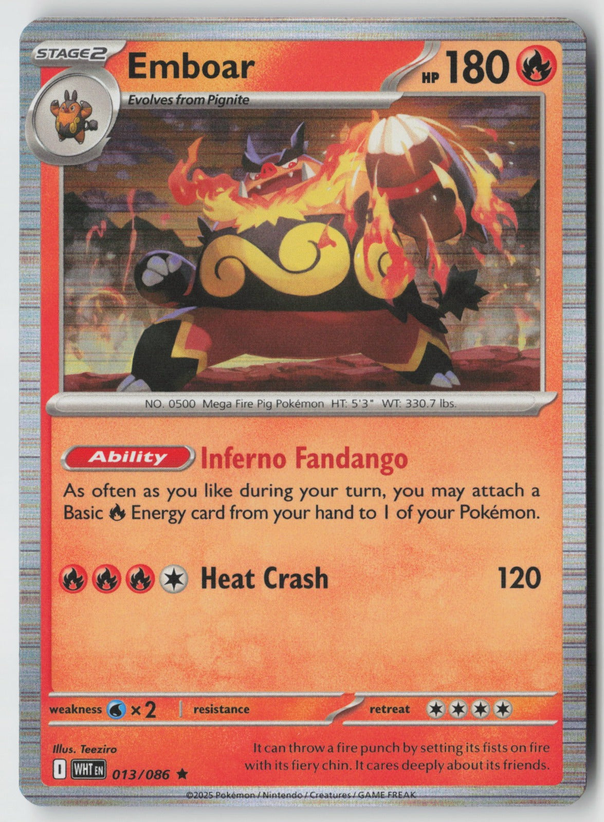 Emboar 013/086 SV: White Flare Rare Holo NM Teeziro
