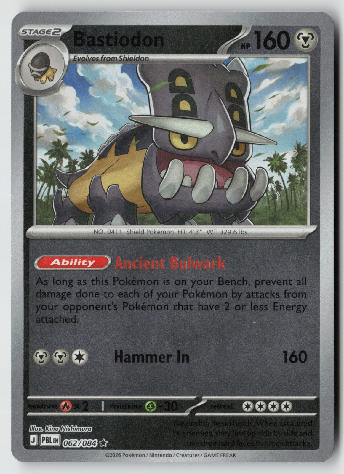 Bastiodon 062/084 ME05: Pitch Black Rare Reverse Holo NM Kinu Nishimura