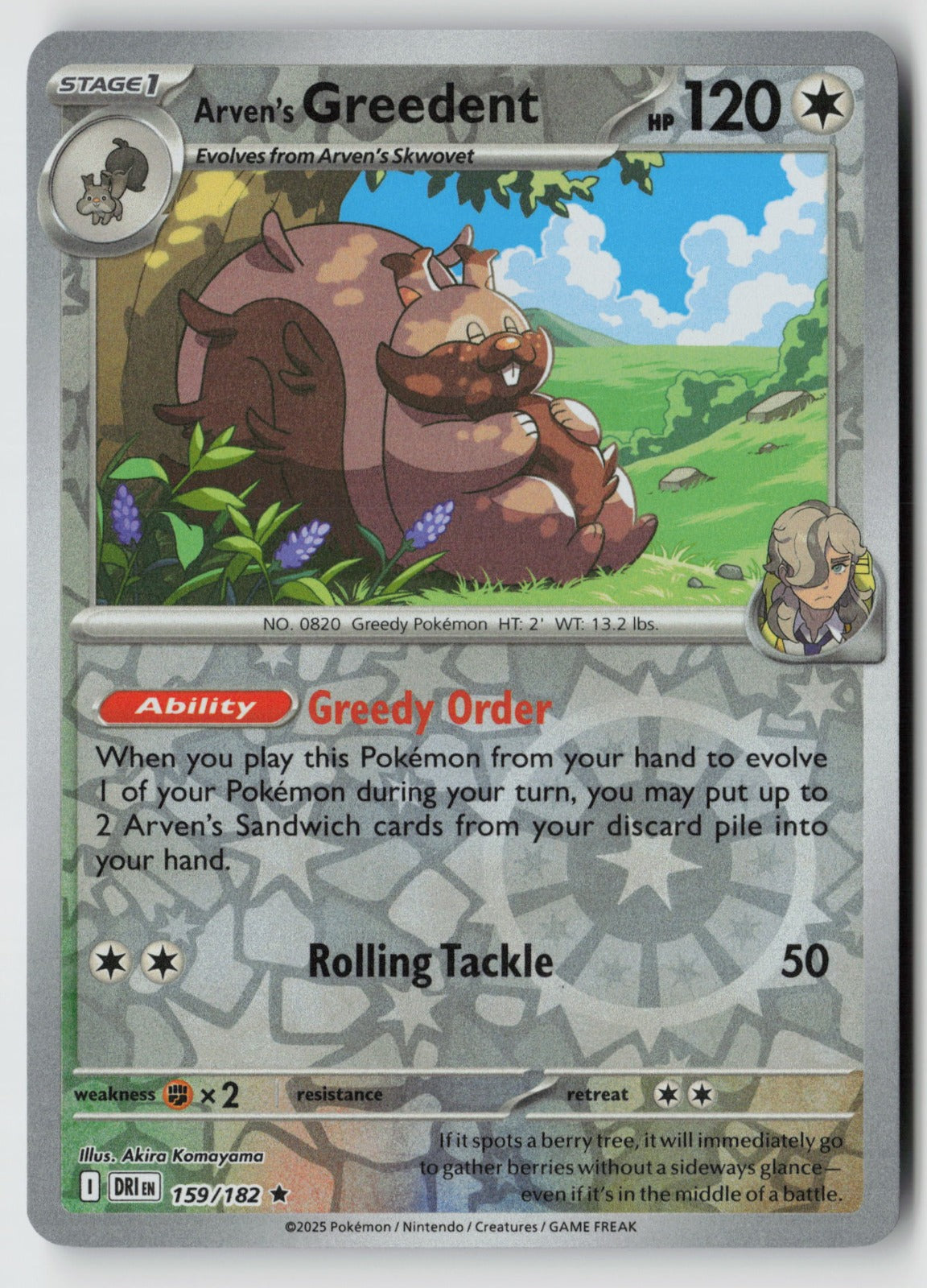 Arven's Greedent 159/182 SV10: Destined Rivals Rare Reverse Holo NM Cona Nitanda
