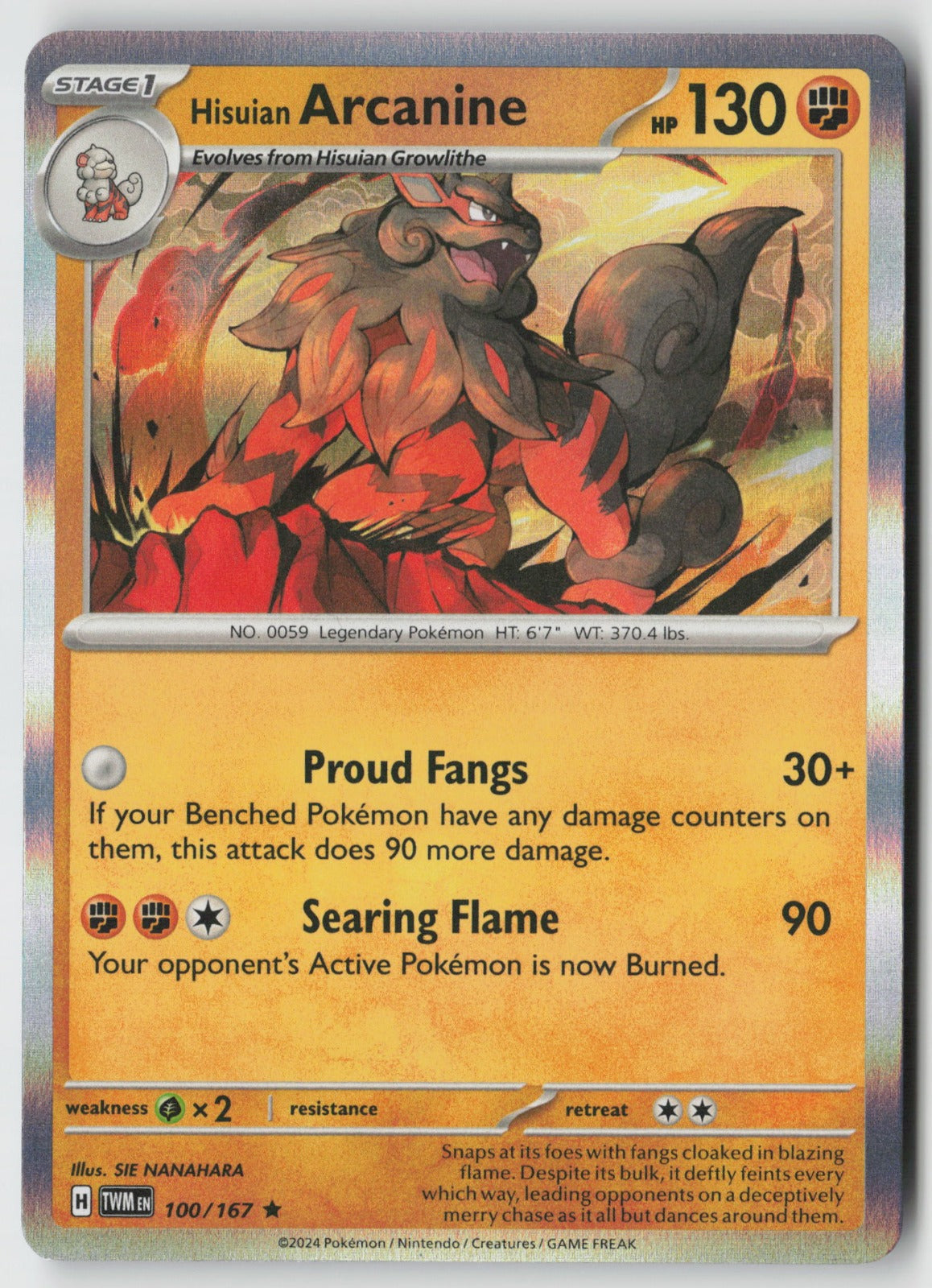 Hisuian Arcanine 100/167 SV06: Twilight Masquerade Rare Holo NM SIE NANAHARA