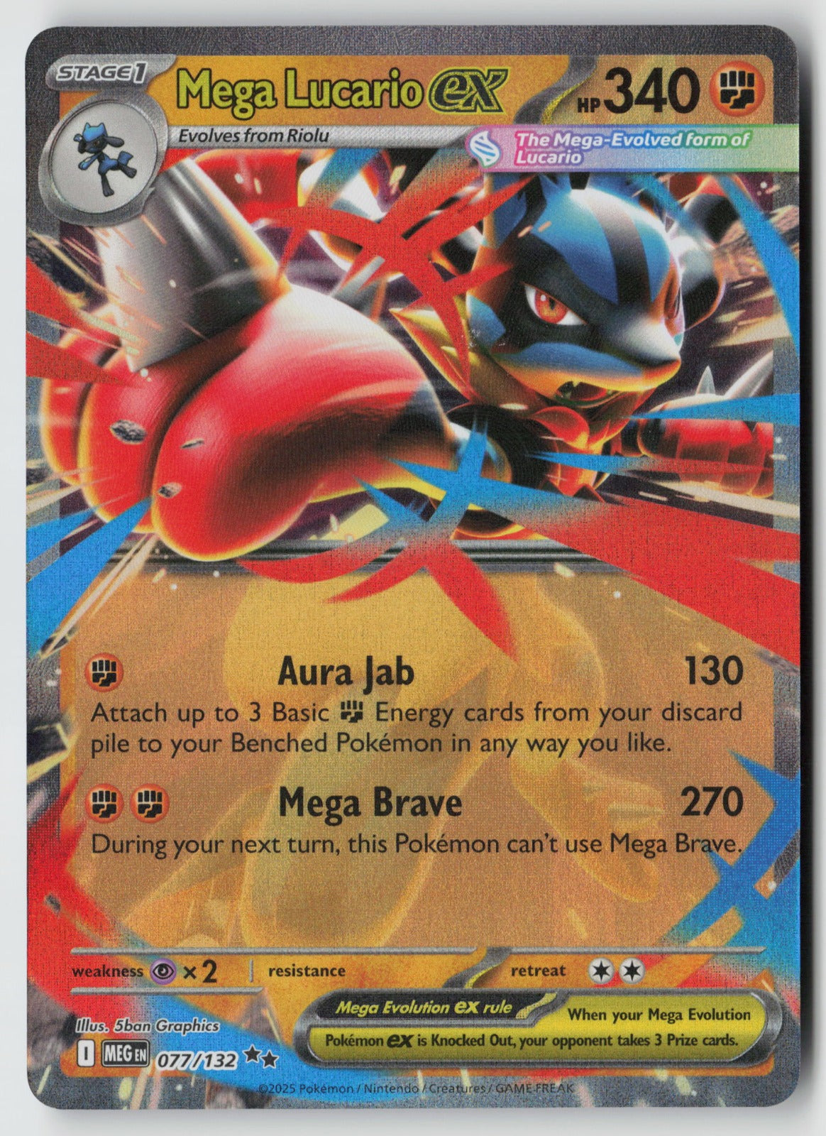 Mega Lucario ex 077/132 ME01: Mega Evolution Double Rare Holo NM 5ban Graphics