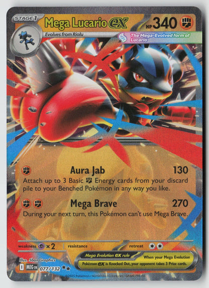Mega Lucario ex 077/132 ME01: Mega Evolution Double Rare Holo NM 5ban Graphics