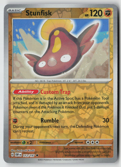 Stunfisk 112/197 SV03: Obsidian Flames Uncommon Reverse Holo NM Sumiyoshi Kizuki