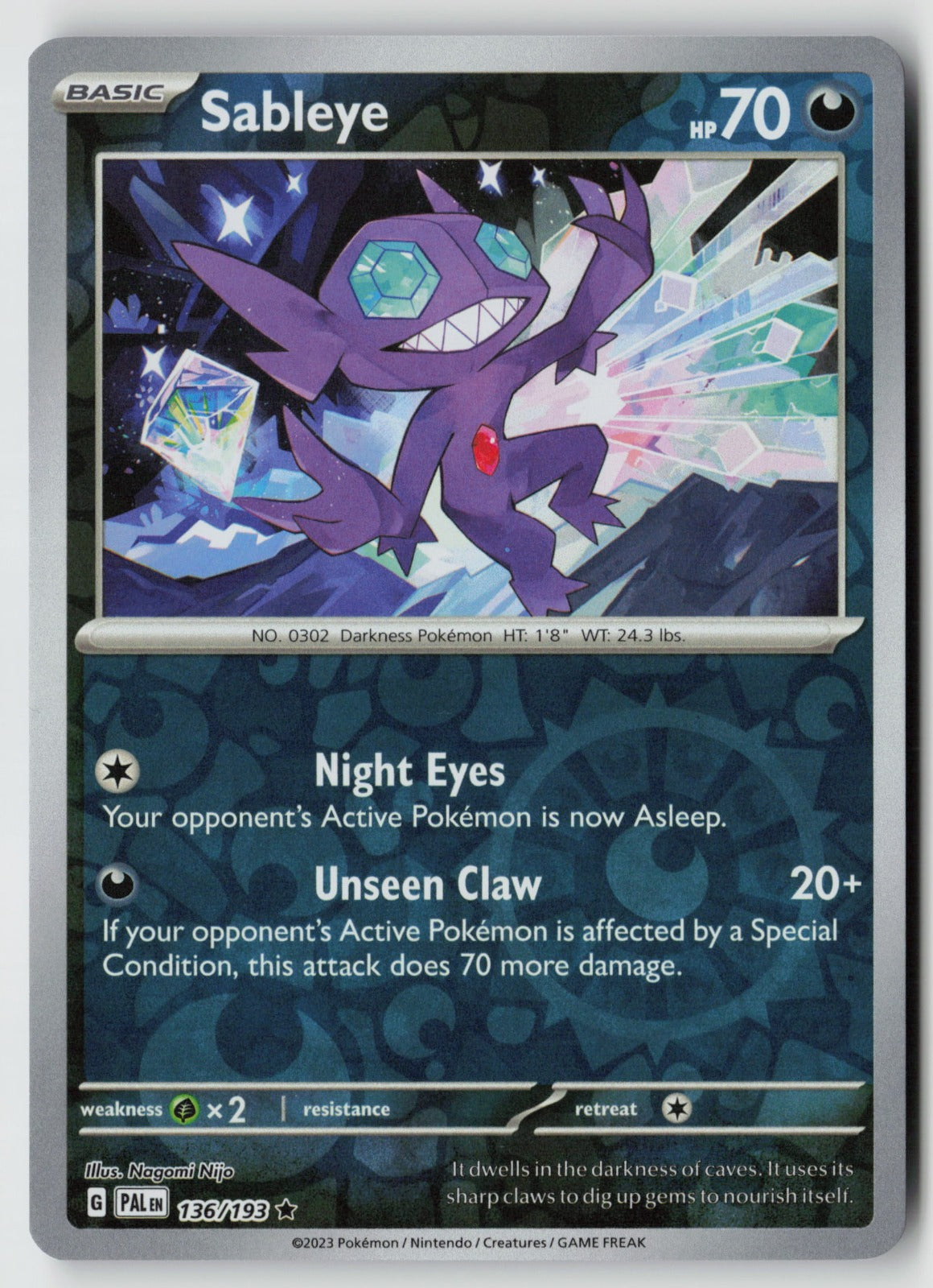 Sableye 136/193 SV02: Paldea Evolved Rare Reverse Holo NM Nagomi Nijo