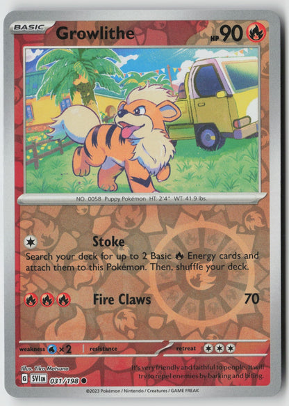 Growlithe 031/198 SV01: Scarlet & Violet Base Set Common Reverse Holo NM Naoyo K