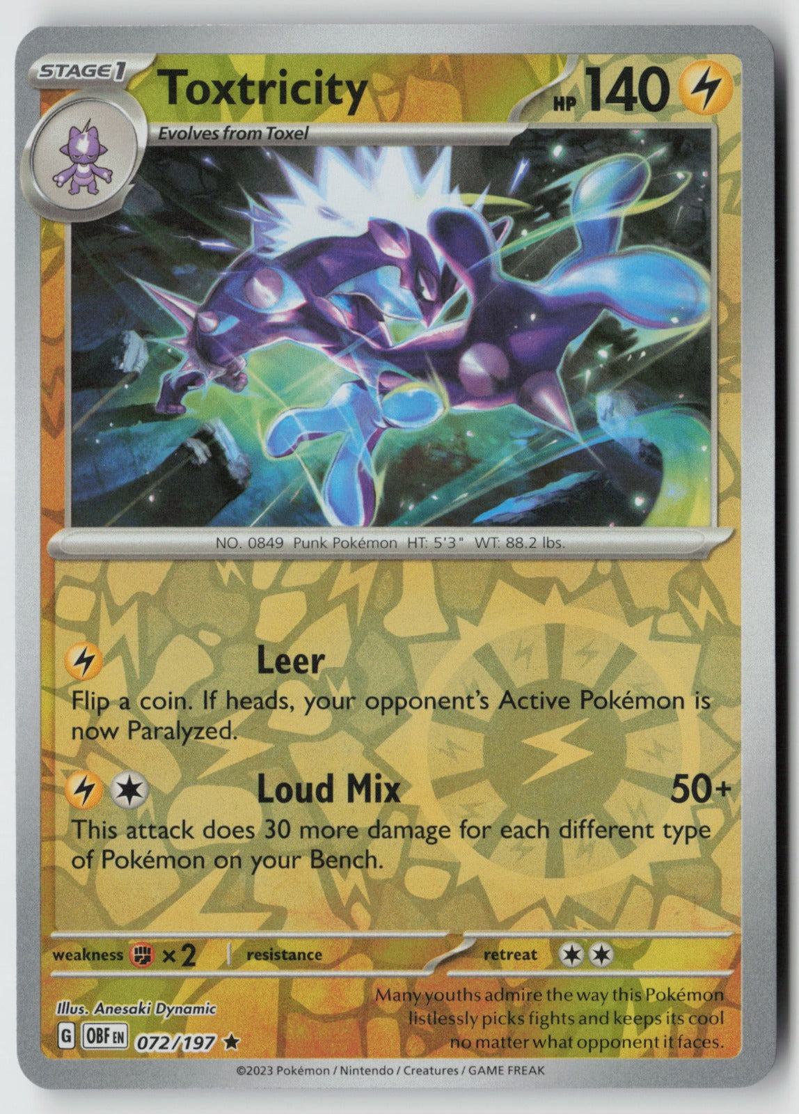 Toxtricity 072/197 SV03: Obsidian Flames Rare Reverse Holo NM Anesaki Dynamic
