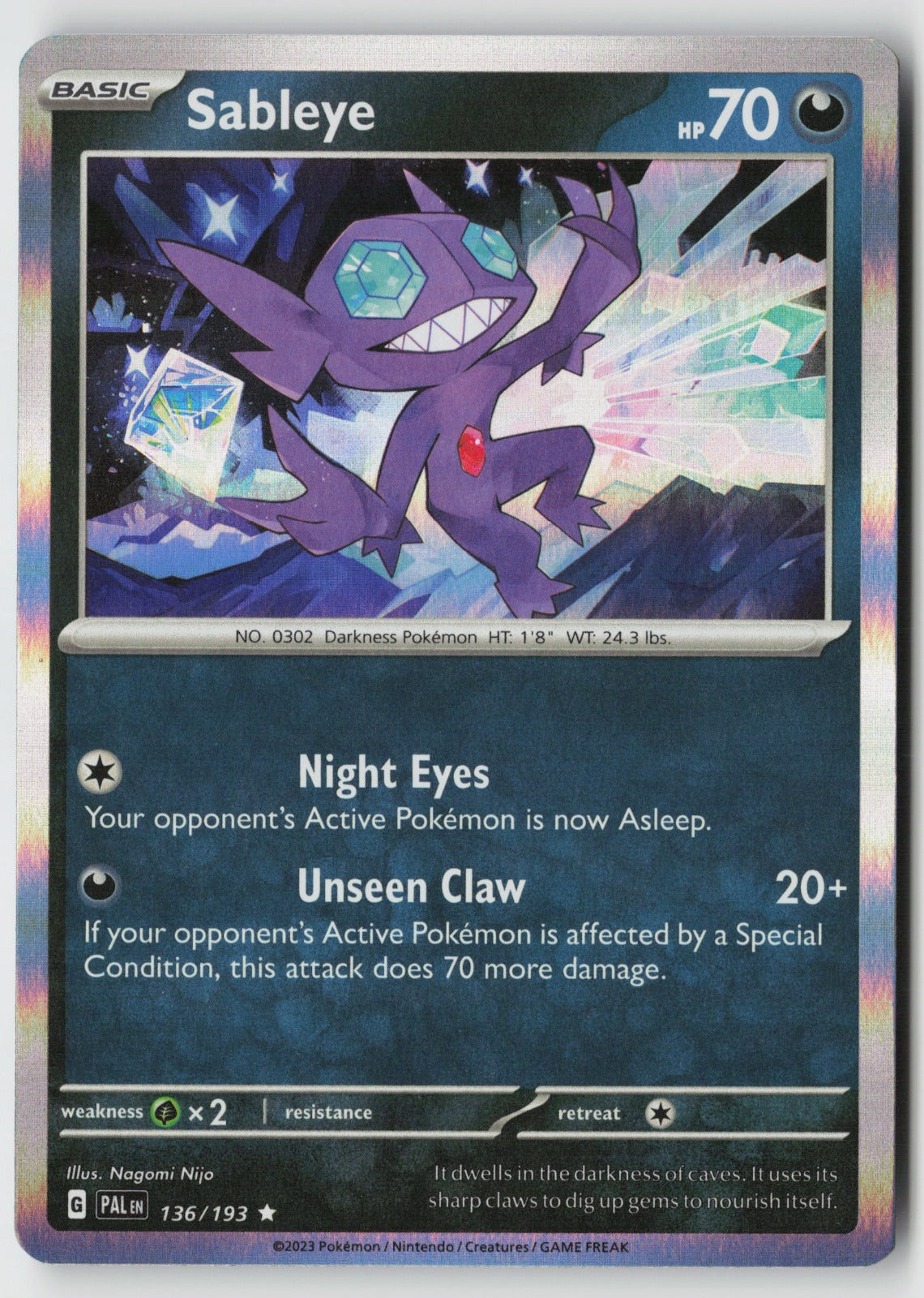 Sableye 136/193 SV02: Paldea Evolved Rare Holo NM Nagomi Nijo