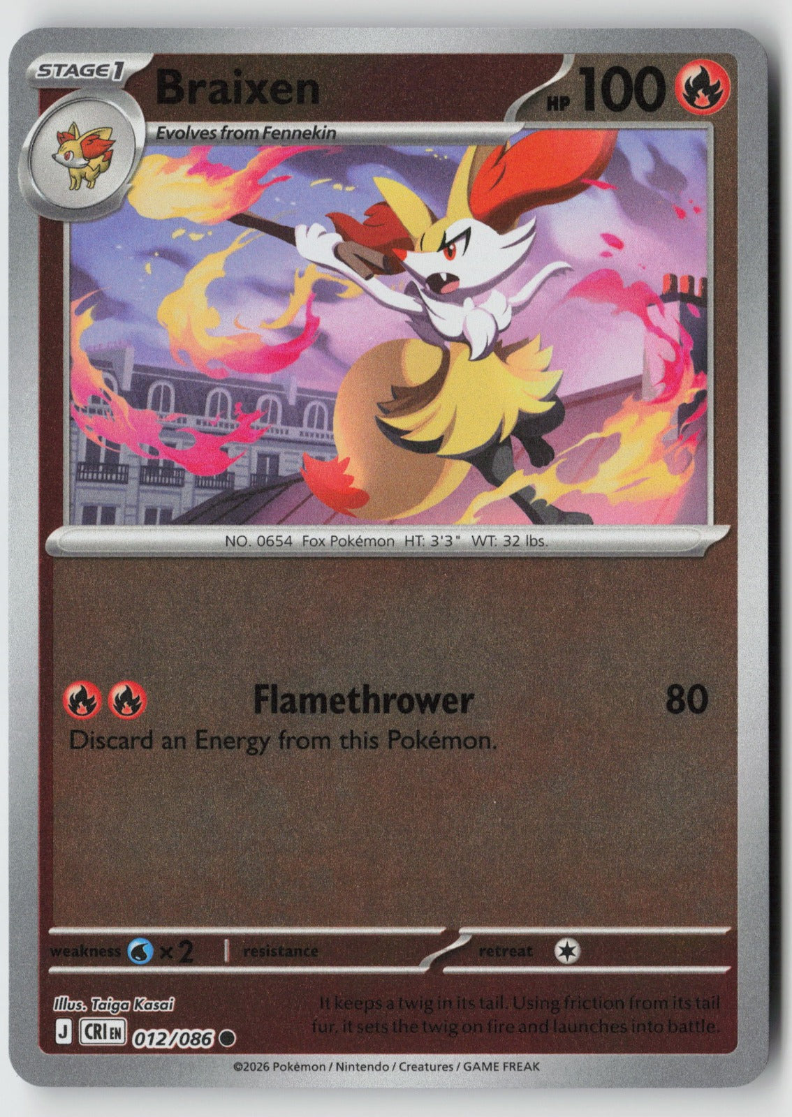 Braixen 012/086 ME04: Chaos Rising Common Reverse Holo NM Taiga Kasai