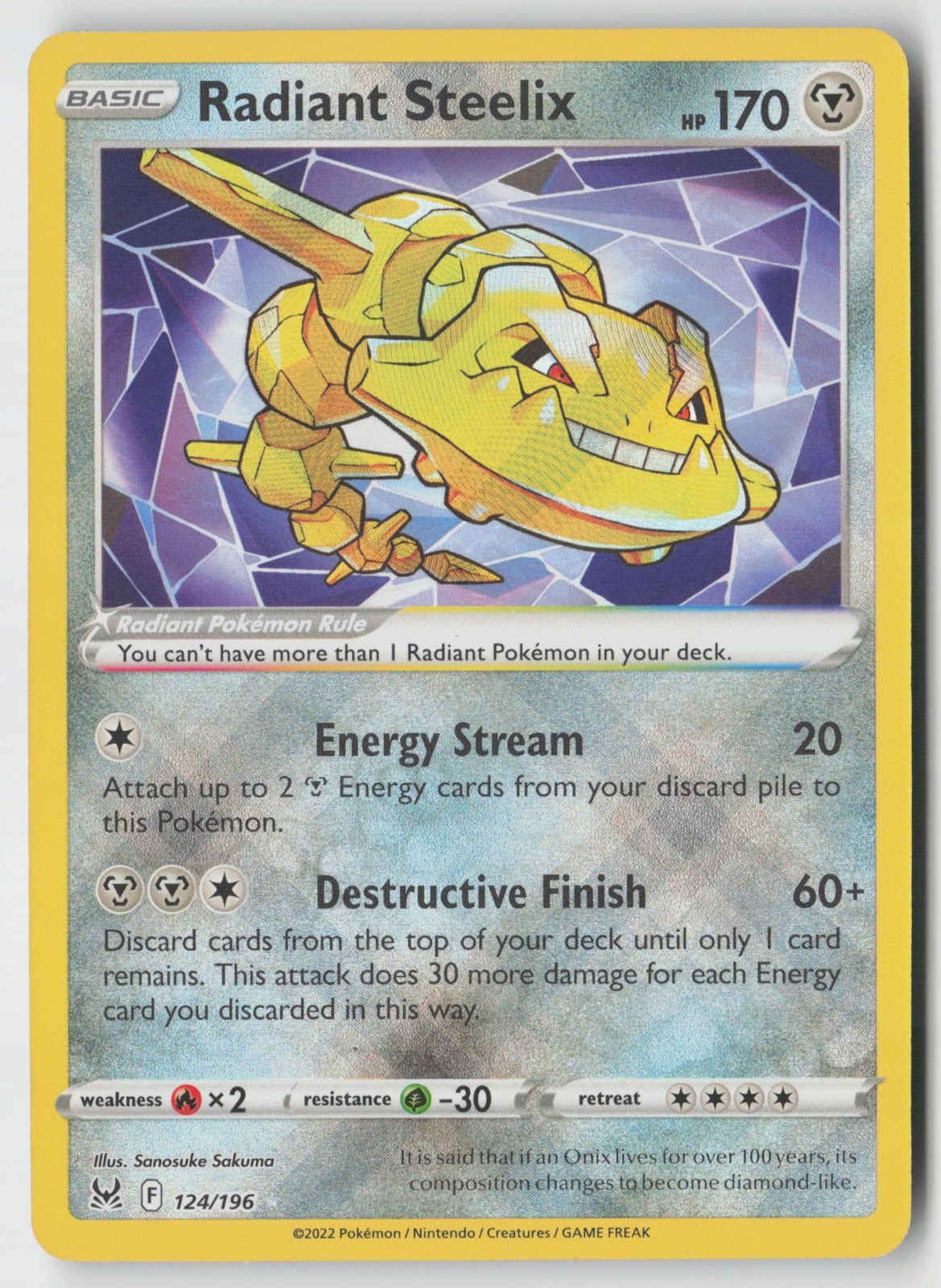 Radiant Steelix 124/196 SWSH11: Lost Origin Radiant Rare Holo NM Sanosuke Sakuma