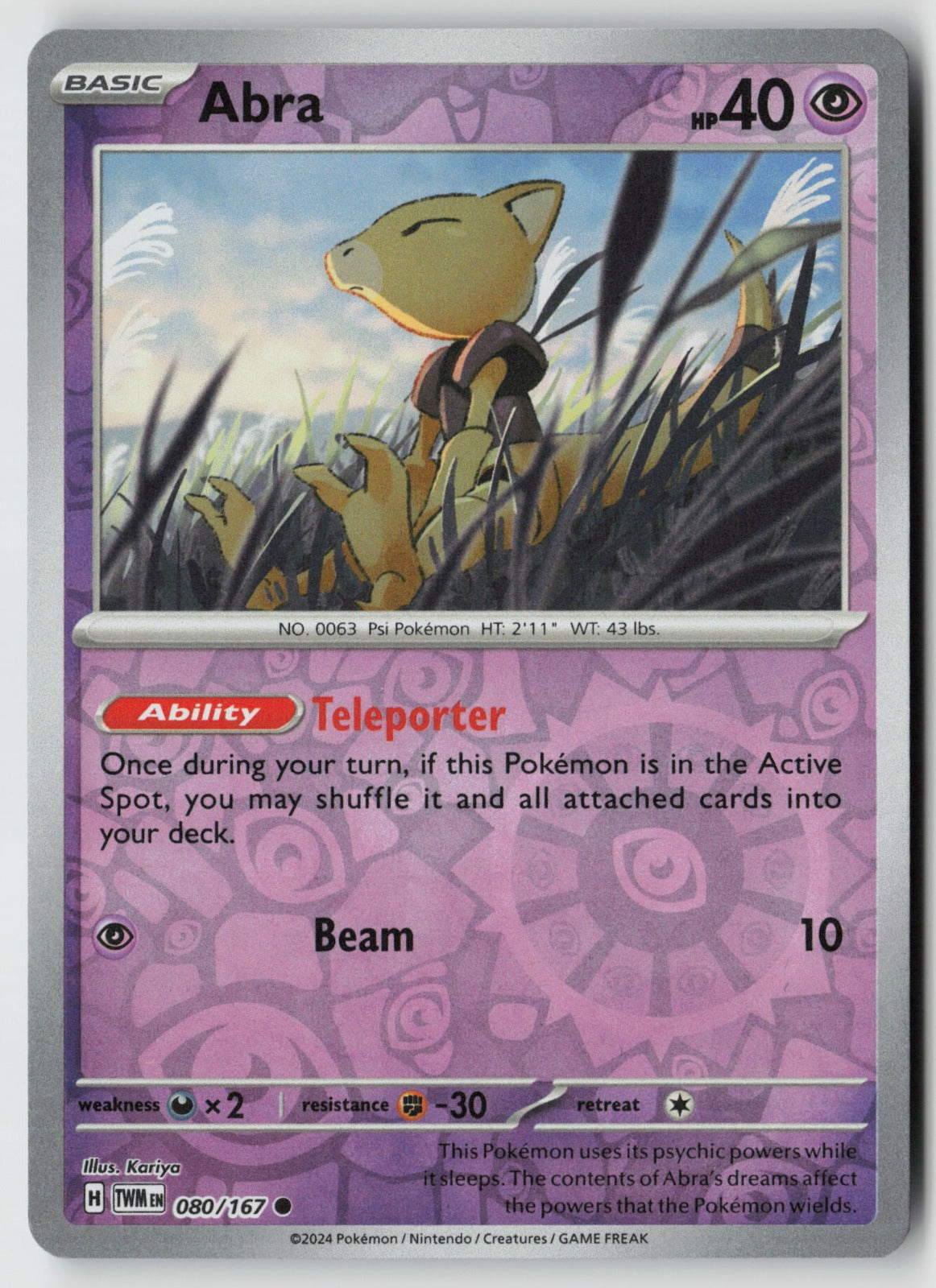 Abra 080/167 SV06: Twilight Masquerade Common Reverse Holo NM Kariya