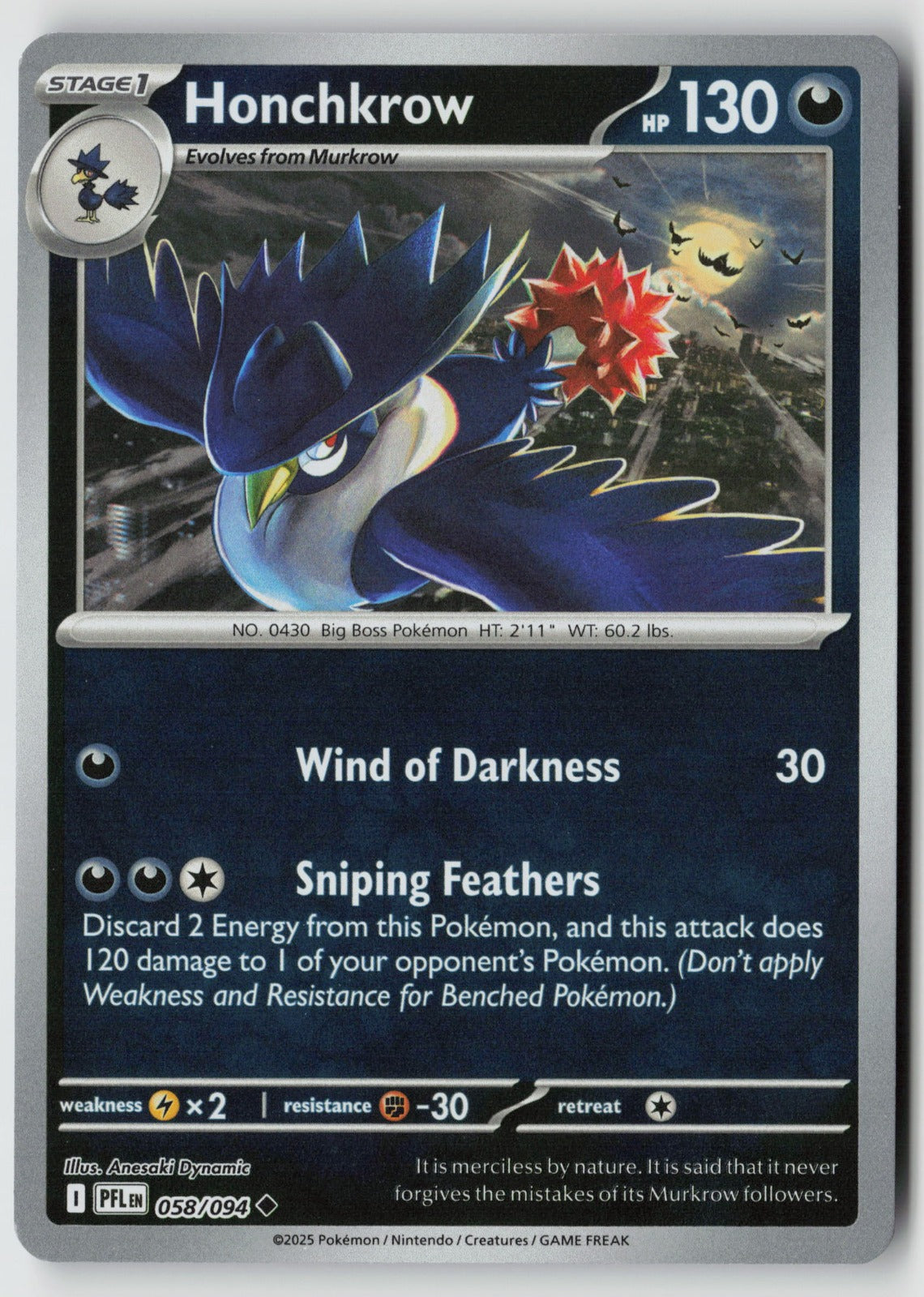 Honchkrow 058/094 ME02: Phantasmal Flames Uncommon Reverse Holo NM
