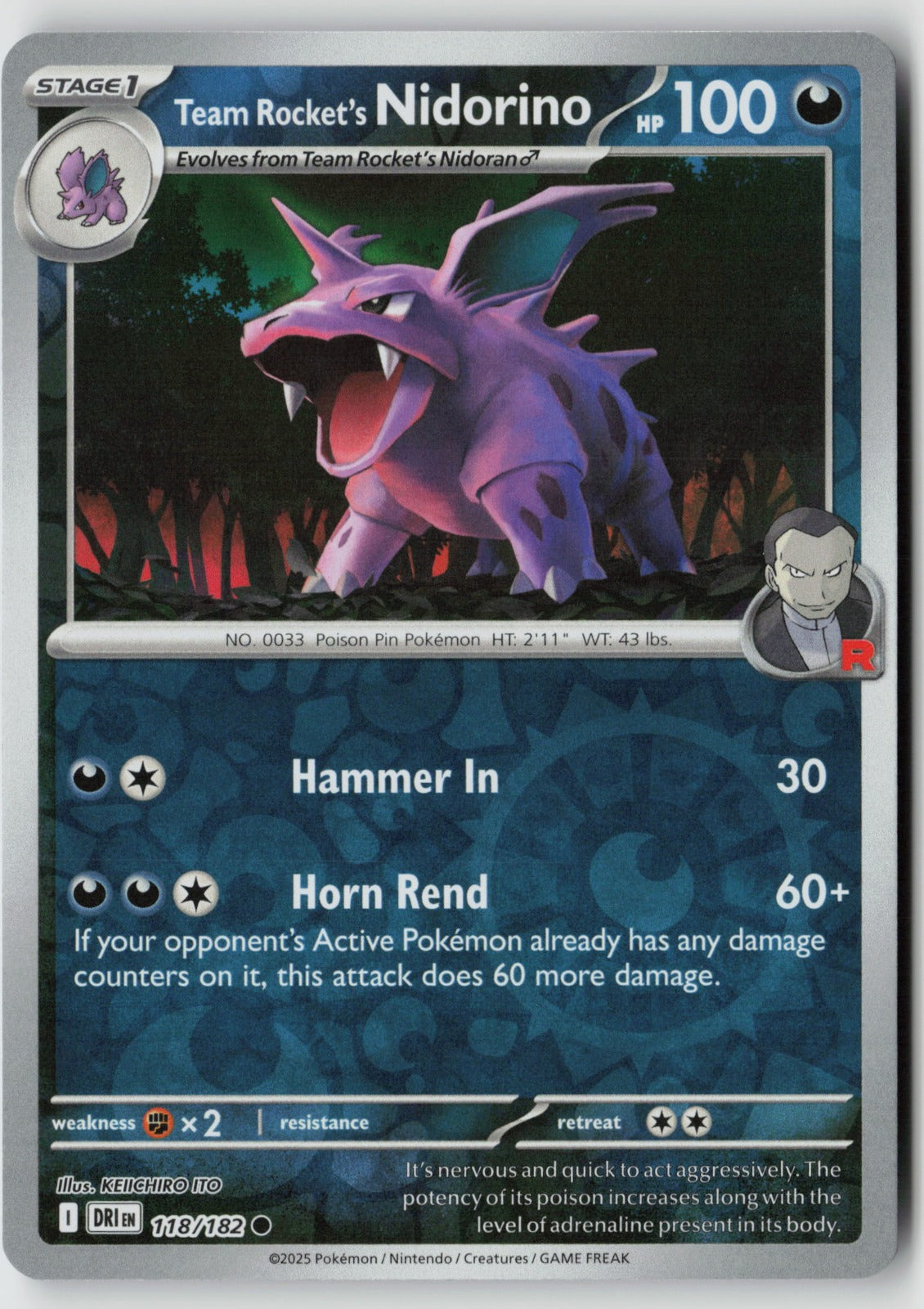 Team Rocket's Nidorino 118/182 SV10: Destined Rivals Common Reverse Holo NM