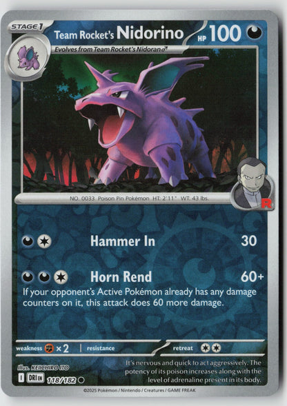 Team Rocket's Nidorino 118/182 SV10: Destined Rivals Common Reverse Holo NM