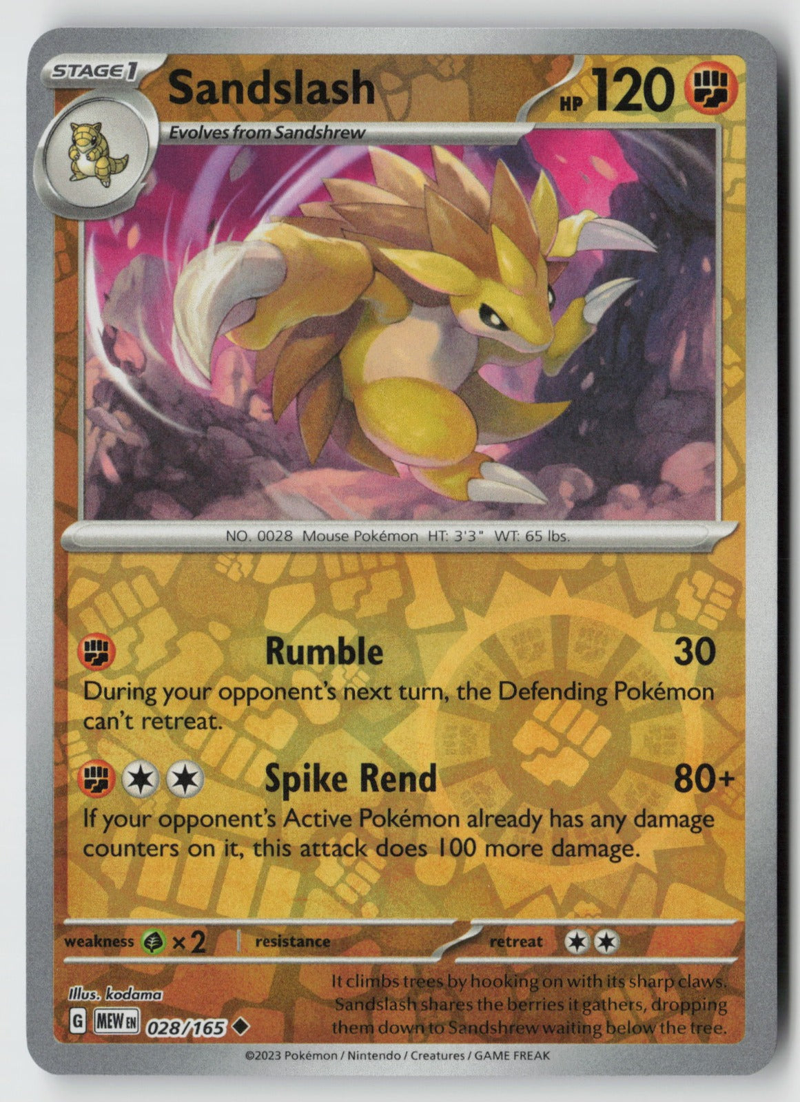 Sandslash 028/165 SV: Scarlet & Violet 151 Uncommon Reverse Holo NM Kodama