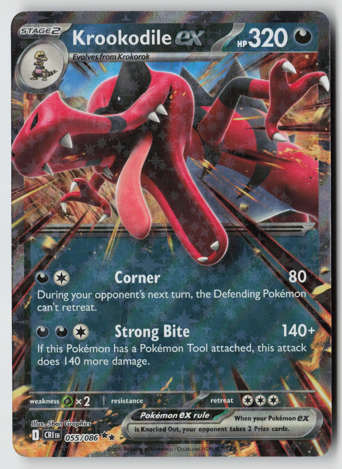 Krookodile ex 055/086 ME04: Chaos Rising Double Rare Holo NM 5ban Graphics